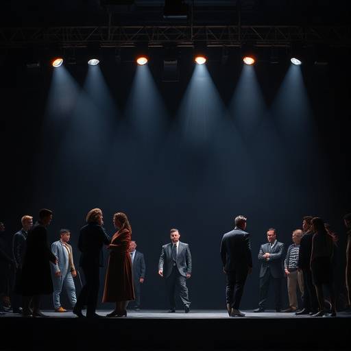 Acteurs performant une scène dramatique éclairée par des projecteurs