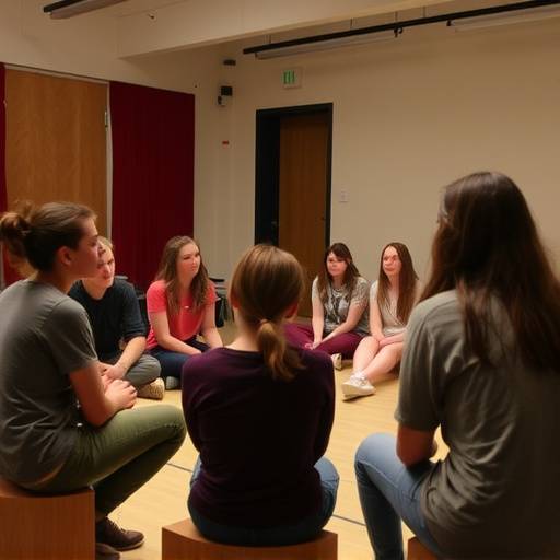 Photo d'une répétition de la pièce 'Antigone', avec des étudiants concentrés et dirigés par Isabelle Moreau.