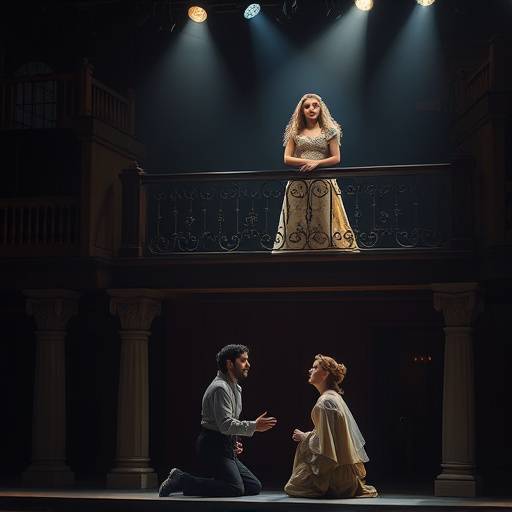 Photo d'une scène de la pièce 'Roméo et Juliette' interprétée par les élèves de l'Académie Lumière, avec Juliette au balcon et Roméo en bas.