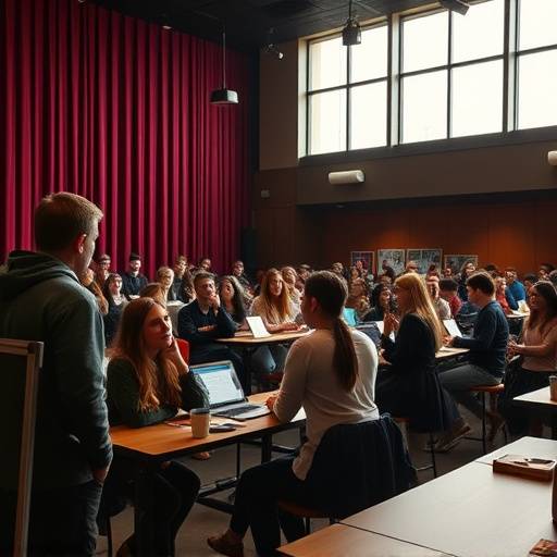 Salle de classe de théâtre avec des étudiants en pleine répétition.
